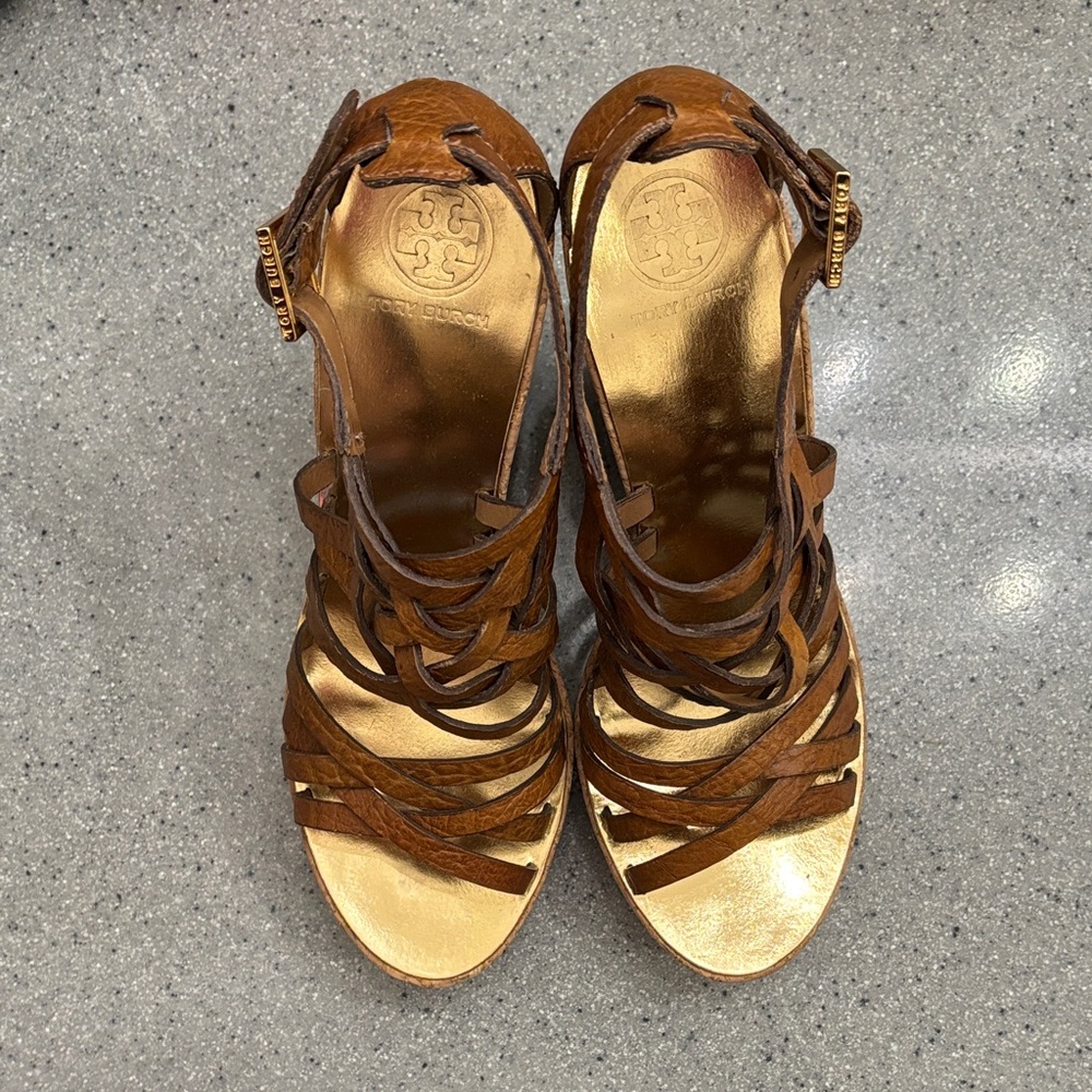 Tory Burch Brown leather and Gold Strappy Sandals